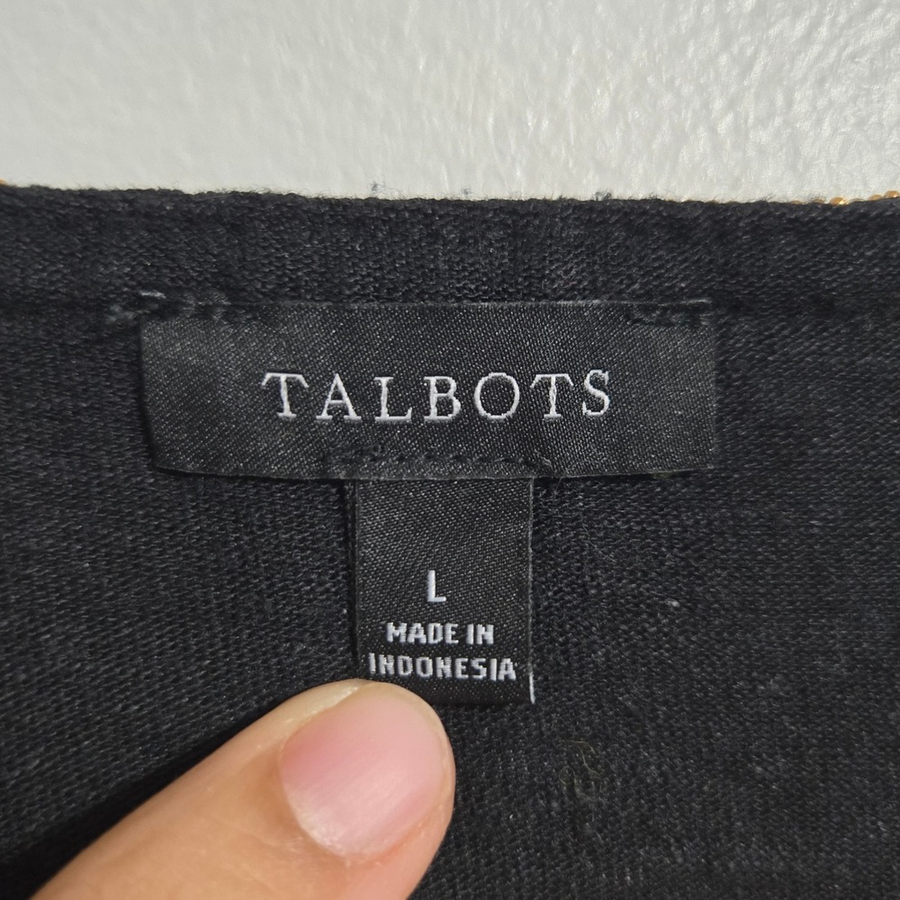 M#87 Talbots Black Top Womens Size L Short Sleeve‎ V Neck Gold Trim Linen Blend - Picture 3 of 5